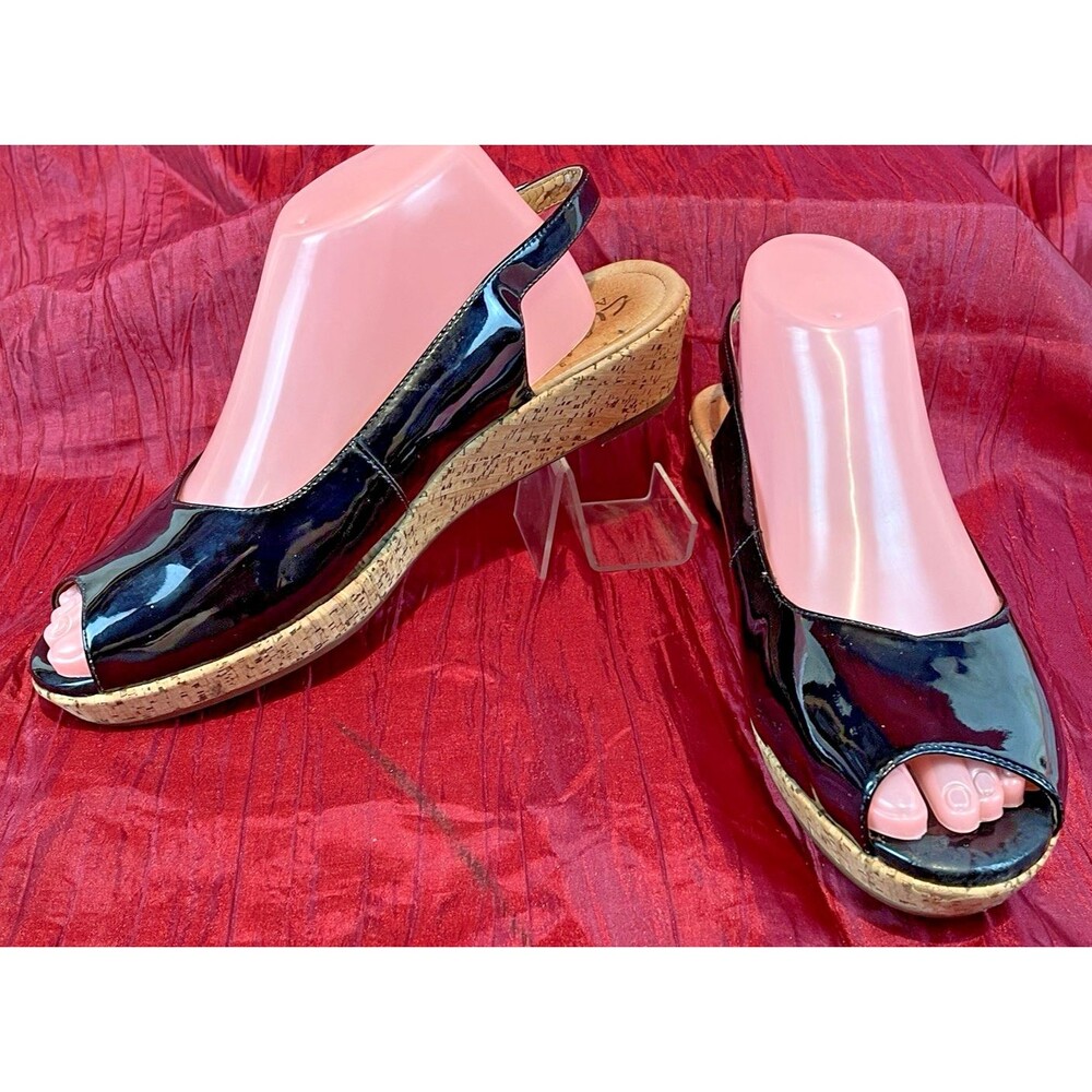 Womens Clarks Artisan Black Leather Peep Toe Slingback Cork Wedge Sandals sz 9W